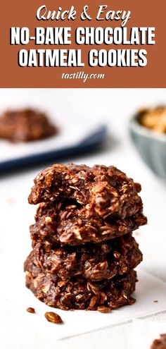 no - bake chocolate oatmeal cookies stacked on top of each other