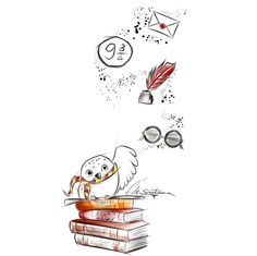 a drawing of a cat sitting on top of a pile of books with an envelope flying out of it