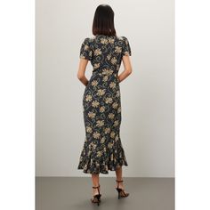 Black floral crepe (100% Viscose). A-line. Short sleeves. Crewneck. Back zipper closure. 51.5" from shoulder to hemline. Imported. Floral Print Mid-length Evening Dresses, Evening Floral Print Mid-length Dress, Fitted Mid-length Viscose Maxi Dress, Fitted Floral V-neck Dress With Ruffle Hem, Fitted Viscose Dress With Ruffle Hem, Fitted Floral Print Knee-length Midi Dress, Fitted Floral Dress With V-neck And Ruffle Hem, Fitted Knee-length Midi Dress With Floral Print, Fitted Knee-length Floral Midi Dress