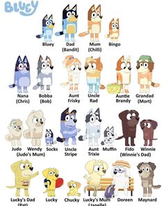 an image of cartoon characters with names in english and spanish on the same page, which includes