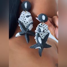 Handmade/ These Are Mid Weight And Are A Show Stopper. Material Clay And Pierced Only Two Available. Will Not Restock. Unique Black Beach Jewelry, Handmade Black Earrings For Beach, Rhinestone Clay Earrings, White Clay Statement Earrings, White Statement Earrings, Statement Earrings, Women Accessories, Black And White, Women Shopping