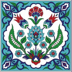 a blue and white tile with red flowers on the bottom, surrounded by green leaves