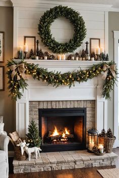 a fireplace decorated for christmas with wreaths and candles