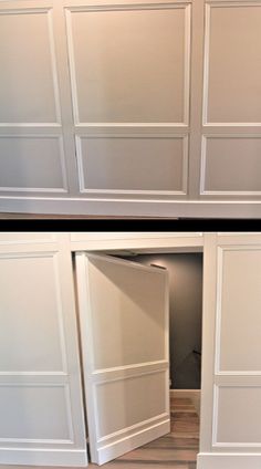 two pictures of the inside of a white refrigerator freezer with doors open and wood flooring