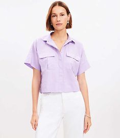 Crisp and classic, our LOFT Shirting Collection makes pulled-together polish easy-going and fresh. Point collar. Patch chest pockets. Button front. Short sleeves. Back yoke with box pleat.,Hit:Hit: Hits above waist,Imported:Imported,Fit:Fit: Classic — follows your contours with a little room,Length:20 1/2" long,Fabrication:55% Cotton 45% Modal,Garment Care:Machine Washable Loft Cotton Blend Modern Drop Shoulder Pocket Shirt Size XL Pure Lavender Women's by Loft Size Regular - XL Pure Lavender Wo Lavender Shirt, Short Kimono, Scarf Sale, Petite Pants, Petite Tops, Pocket Shirt, Kimono Sleeve, Trendy Clothes For Women, Skirts For Sale