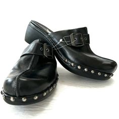 Nwot Ecco Studded Black Silver Leather Clogs Mules Buckles Eu 37 Us 6 6.5 Shoes Arch Support, Buckle, Comfort, Cushioned, Studded City, Designer, Metal, Casual, Chunky, Y2k - New Without Tag! Still Has Tag Wire Attached (1st Pic)! - Chunky! Y2k! Y2k Shoes Clogs & Mules, Brown Slip On Shoes, Studded Clogs, Suede Clogs, Clogs Style, Ecco Shoes, Block Heel Shoes, Leather Clogs, Leather Bows