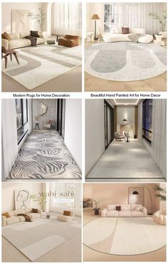 the interior design process is shown in four different stages, including carpeting and rugs