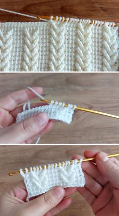 two pictures showing how to crochet the stitches on an object with yarn and knitting needles