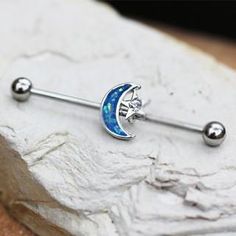 316L Stainless Steel Synthetic Opal Moon and Star Industrial Barbell - Fashion Hut Jewelry Industrial Barbell Jewelry, Bar Ear Piercing, Industrial Piercing Barbells, Ear Piercings Industrial, Piercing Industrial, Industrial Earrings, Industrial Piercing Jewelry, Double Cartilage Piercing, Cool Ear Piercings