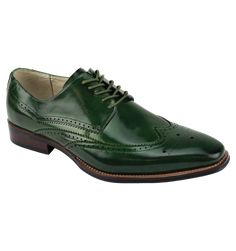 Giovanni Green Wingtips Lace-up Men's Dress Shoes Italian Style Genuine Leather - DESIGN MENSWEAR Fitted Green Leather Shoes With Leather Sole, Green Leather Dress Shoes For Formal Occasions, Green Leather Formal Dress Shoes, Green Formal Leather Shoes With Brogue Detailing, Formal Green Leather Shoes With Brogue Detailing, Classic Green Oxfords For Business, Green Leather Brogue Shoes For Formal Occasions, Elegant Green Wingtip Dress Shoes, Classic Green Goodyear Welted Oxfords