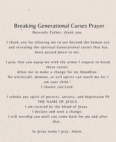 a poem written in black and white with the words breaking generational curses prayer