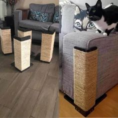 a black and white cat sitting on top of a gray couch next to two baskets