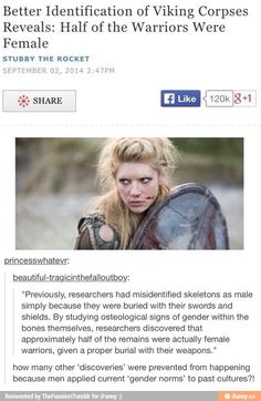 an image of a woman with long blonde hair on her face and the caption below reads, better identification of viking corpse reveals half of the warriors were