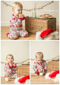 a baby in pajamas sitting on the floor next to a box with cookies and marshmallows