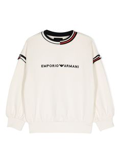 cream white cotton jersey texture striped ribbed trim crew neck drop shoulder long sleeves embroidered logo to the front ribbed cuffs and hem French terry lining Armani Embroidery, Luxury White Men's Sweatshirt, Armani Sweater, Armani Kids, Armani Sweatshirt, Denim Jacket Short, Armani Exchange T-shirt, Denim Jacket With Dress, Burberry Kids