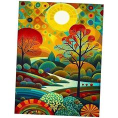 an abstract painting with trees and sun in the background