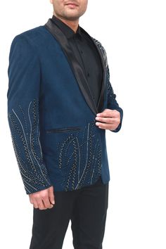 High quality Blue velvet fabric hand embroidered with a detailing craftsmanship, blazer, base fabric is velvet, Tuxedo used for shawl collar lapel, two side vents and single front button for closure, but you can customised this pc with your choice in other pattern, like you can get Notch lapel, or double button closure or double breasted or anything which you like to change. You can get in multiple colours for the same, Perfect for any occasion be it Wedding, Party, New year Christmas etc. Luxury Velvet Outerwear For Party, Fitted Embellished Outerwear With Notch Lapel, Designer Semi-formal Embellished Blazer, Velvet Party Suits For Fall, Tailored Embellished Blazer For Semi-formal Occasions, Embellished Long Sleeve Blazer For Semi-formal Occasions, Semi-formal Embellished Long Sleeve Blazer, Fall Party Velvet Suits, Luxury Velvet Blazer For Parties