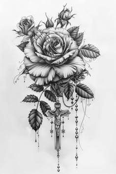 a black and white drawing of a rose on a cross with beads hanging from it