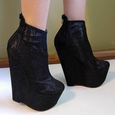 Black Shimmer Ankle 17 cm Wedge Booties - Tajna Club Royal Blue Wedding Shoes, Special Shoes, High Heel Dress Shoes, Wedges Heels, Blue Wedding Shoes, High Heel Wedges, Super High Heels, Fashion High Heels, Black High Heels