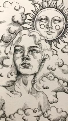 a drawing of a woman's face with the sun above her head and clouds in the background