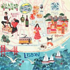 an illustrated map of san francisco, california with people and animals in the city on it