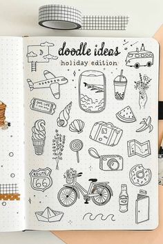 an open notebook with doodles on it and various things in the pages next to it