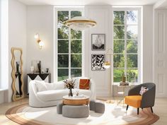 a living room filled with white furniture and lots of window sill space in front of it