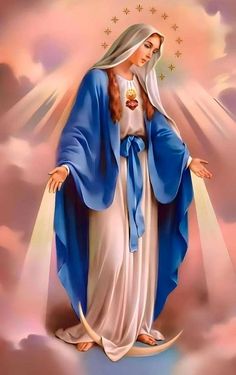 the immaculate mary holding a lit candle in her right hand and surrounded by white clouds