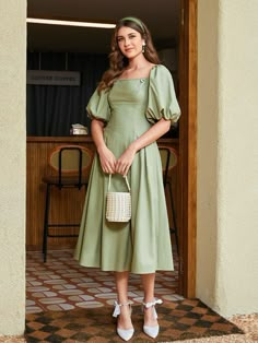 Casual Dresses Green, Puff Sleeve A Line Dress, Cute Summer Dresses With Sleeves, Green Summer Outfits For Women, House Warming Dress Ideas For Women, Green Short Dress Outfit, Plain Dresses Designs, Plain Dress Ideas, Short Sleeves Designs For Dresses