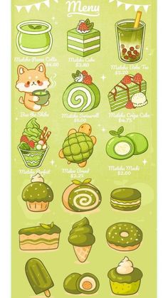 a green poster with different types of desserts on it's sides and the words,