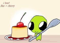 a cartoon character holding a spoon next to a piece of cake with a cherry on top