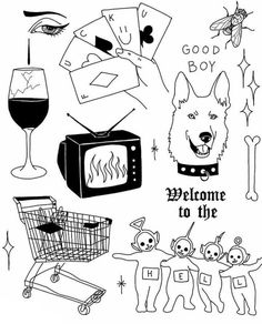 a black and white drawing of various items that include a tv, dog, wine glass, cat, bird, mouse