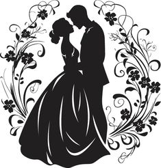 a bride and groom silhouetted against a floral frame with flowers in the center, on a white background