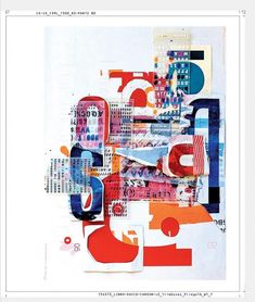 an abstract collage with different colored shapes and numbers on it's side, including the letter b