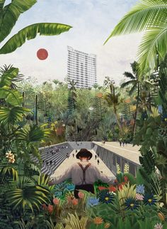 an artist's rendering of a man standing in the middle of a tropical forest