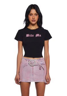 Sugar Thrillz Bite Me Baby Graphic Tee - Black Pink Pink Grunge Style Top With Letter Print, Cute Fitted T-shirt With Text Print, Edgy Fitted T-shirt With Slogan, Edgy Fitted Slogan T-shirt, Edgy Pink Tops With Letter Print, Cute Slogan T-shirt For Streetwear, Edgy Fitted Text Print T-shirt, Cute Tops With Funny Text For Streetwear, Cute Streetwear Top With Funny Text