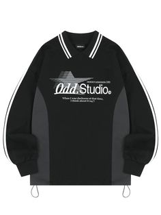 It is a casual sweatshirt with sport mood letter graphic print. Made of heavyweight polyester blend cotton fabric, the sweatshirt is comfy and durable. The dropped shoulder and oversized silhouette fits different shapes. The sweatshirt features stripes on collar and colorblock point that add sporty mood. The silhouette is adjustable using drawcords on the hem. - Collar neck- Ribbed cuffs- Graphic print- Bias tape on the neck Black Letter Print Sweatshirt In Athleisure Style, Athleisure Graphic Print Sweatshirt For Streetwear, Oversized Sporty Hoodie With Ribbed Collar, Sporty Sweatshirt With Ribbed Collar And Drop Shoulder, Letter Print Athleisure Sweatshirt For Streetwear, Oversized Text Print Sweatshirt In Athleisure Style, Urban Sweatshirt With Ribbed Collar For Streetwear, Sporty Oversized Hoodie With Ribbed Collar, Oversized Graphic Print Sweatshirt In Sportswear Style