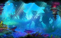 an underwater scene with many different types of plants and animals in the water, including mushrooms