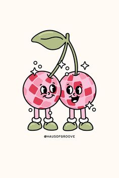 two pink cherries with green leaves on their heads, one has eyes and the other has