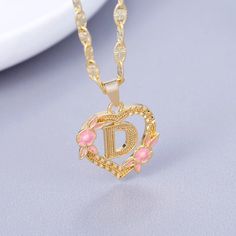 Flower Initial, Heart Flower, Heart Shaped Necklace, Pink Enamel, Valentines Necklace, Enamel Flower, Letter Pendants, Stainless Steel Pendant, Initial Letter