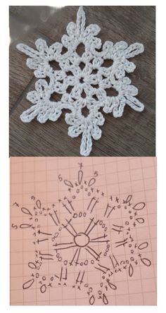 crochet snowflake is shown on the left and in the right hand corner