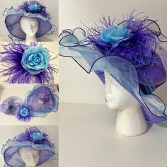 Kentucky Derby Hat. Fascinator, Church Hat, Blue Lavender Iridescent, lavender blue sheer Derby hat with detachable Blue Rose with blended  lavender and purple ostrich feather hair clip... The hair piece is simply beautiful Whimsical Blue Wide Brim Hat, Whimsical Blue Wide-brim Hat, Purple Wide Brim Hat For Races, Lavender Wide Brim Hat For Kentucky Derby, Purple Wide Brim Top Hat For Summer, Blue Brimmed Fascinator For Church, Blue Curved Brim Fascinator For The Beach, Blue Curved Brim Fascinator For Beach, Whimsical Blue Brimmed Hat