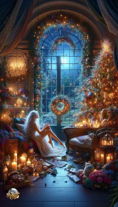 a painting of a woman sitting in front of a christmas tree with lights on it