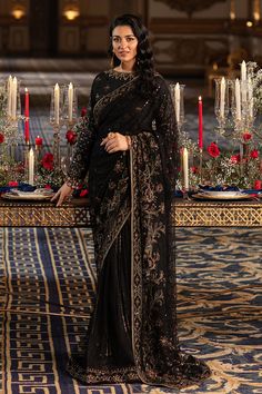 Elegant Pakistani Wedding Dress in Classic Black Shade Net Saree Embroidery Goldwork, Hanging Drapes, Slavic Culture, Wedding Dresses Pakistani, Silk Design, Desi Wedding Dresses, Traditional Dresses Designs, Pakistani Wedding Outfits, Pakistani Wedding Dress