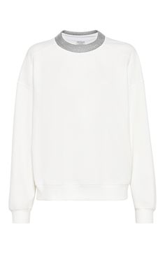 Thanks to the excellence of the natural fiber, the pure cotton Smooth French terry showcases a soft, comfortable texture. Crew-neck Drop shoulder Nickel-free monili decoration White Sweatshirt With Ribbed Collar, White French Terry Sweater With Ribbed Cuffs, White Ribbed Cuffs French Terry Sweater, White Sweater With Ribbed Collar For Loungewear, White French Terry Sweatshirt For Loungewear, White Relaxed Fit Sweatshirt With Ribbed Collar, White Athleisure Sweater With Ribbed Cuffs, White French Terry Athleisure Top, White Athleisure Sweatshirt With Ribbed Collar