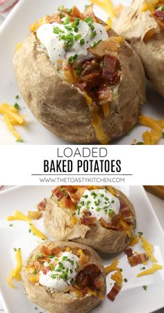 loaded baked potatoes with bacon, cheese and sour cream on top are the perfect side dish