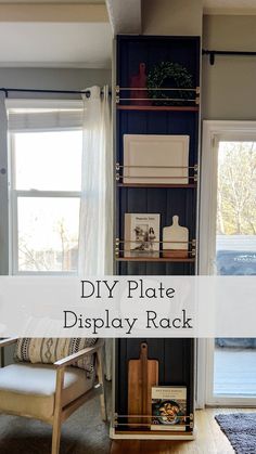 the diy plate display rack is made from an old bookcase and used as a shelf