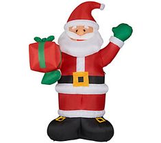 an inflatable santa clause with presents on his chest and hands out to the side