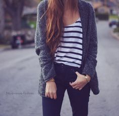 5th Avenue Fashion / Gray Cardi and Striped Shirt Jean Gray, Cardigan Jeans, Quoi Porter, Alternative Rock, Glam Rock, Teen Fashion