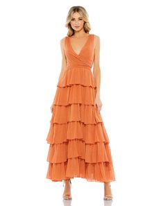 Ieena for Mac Duggal  100% polyester Fully lined Deep V Neckline Sleeveless Ruffle/Tiered Skirt Concealed Back Zipper Approx. 48" from top of shoulder to bottom hem Available in Burnt Orange  Style #55843 Orange Bridesmaid, Ruffle Tiered Dress, Orange Bridesmaid Dresses, Plastic Dress, Burnt Orange Dress, Tiered Ruffle Skirt, Chiffon Fashion, Designer Prom Dresses, A Line Prom Dresses